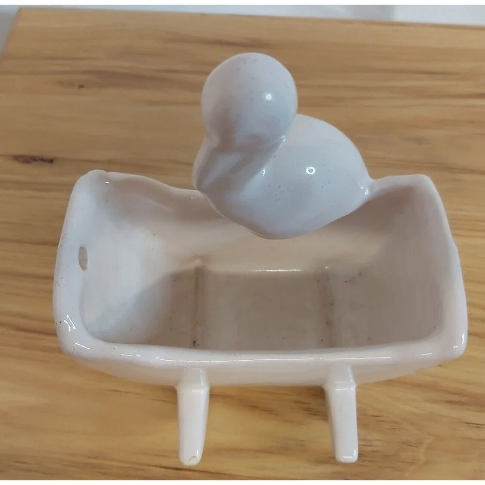 1939 Haeger Baby Cradle Planter pink Pottery Stork Mid Century Nursery Vase Vtg
